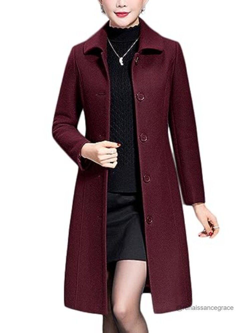 Wool Blend Trench Coat Long Winter Overcoat Slim Fit Button Front